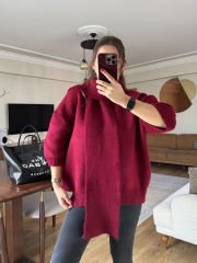 KENDİNDEN ŞAL DETAYLI İTHAL ÖRME KAZAK BORDO