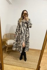 BEJ ÜZERİ FLORAL DESEN VİSKON GÖMLEK ELBİSE