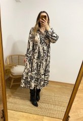 BEJ ÜZERİ FLORAL DESEN VİSKON GÖMLEK ELBİSE