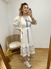 ORGANİK PAMUK KUMAŞ İŞLEMELİ İÇİ ASTARLI ELBİSE