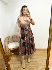 ŞİFON KUMAŞ İÇİ ASTARLI BELİ LASTİKLİ ÇITIR DESEN KAHVE RENGİ ETEK