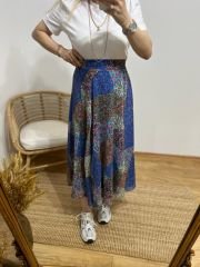 ŞİFON KUMAŞ İÇİ ASTARLI BELİ LASTİKLİ ÇITIR DESEN MAVİLİ ETEK