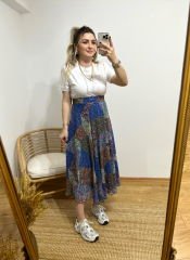 ŞİFON KUMAŞ İÇİ ASTARLI BELİ LASTİKLİ ÇITIR DESEN MAVİLİ ETEK