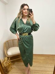İPEK SATEN KRUVAZE MİNT YEŞİLİ KEMERLİ ELBİSE