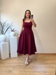 KARE YAKA PİLİSELİ ÇAN ELBİSE BORDO