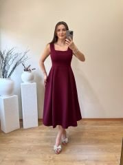 KARE YAKA PİLİSELİ ÇAN ELBİSE BORDO