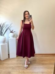 KARE YAKA PİLİSELİ ÇAN ELBİSE BORDO
