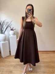 KARE YAKA PİLİSELİ ÇAN ELBİSE ACI KAHVE