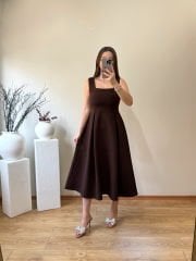 KARE YAKA PİLİSELİ ÇAN ELBİSE ACI KAHVE