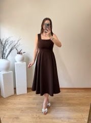 KARE YAKA PİLİSELİ ÇAN ELBİSE ACI KAHVE