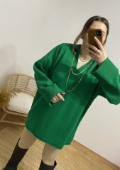 YEŞİL VİNTAGE KOLLARI KIVRIK POLO YAKA OVERSİZE TRİKO
