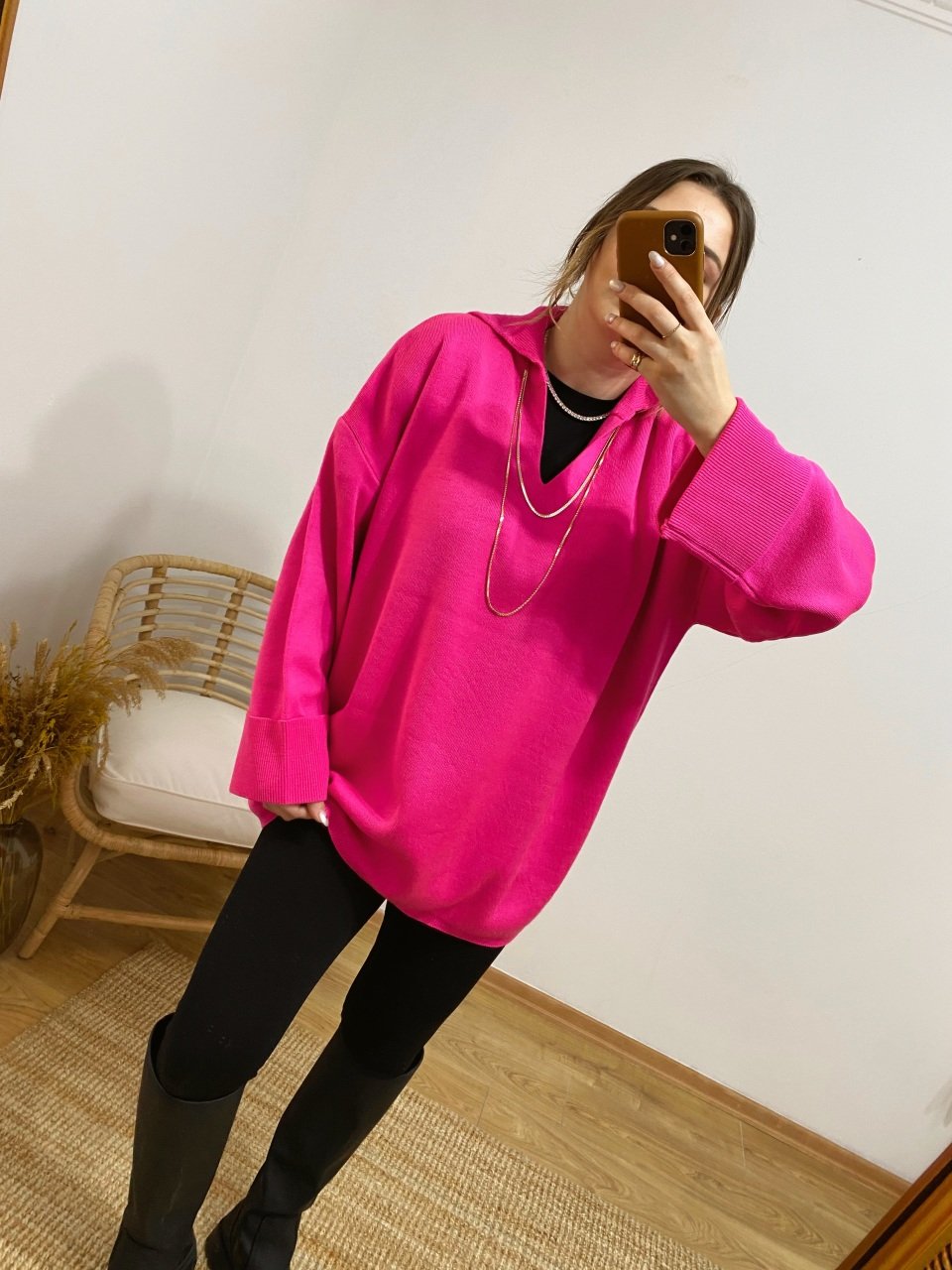 ŞEKER PEMBE VİNTAGE KOLLARI KIVRIK POLO YAKA OVERSİZE TRİKO