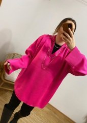 ŞEKER PEMBE VİNTAGE KOLLARI KIVRIK POLO YAKA OVERSİZE TRİKO