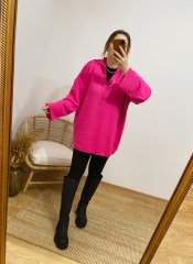 ŞEKER PEMBE VİNTAGE KOLLARI KIVRIK POLO YAKA OVERSİZE TRİKO