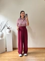 PREMIUM TENSEL KUMAŞ YÜKSEK BEL BOL PANTOLON BORDO