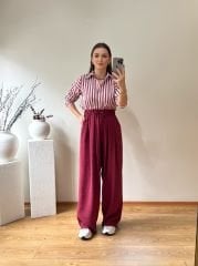 PREMIUM TENSEL KUMAŞ YÜKSEK BEL BOL PANTOLON BORDO
