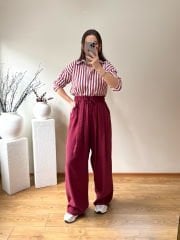 PREMIUM TENSEL KUMAŞ YÜKSEK BEL BOL PANTOLON BORDO