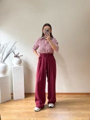 PREMIUM TENSEL KUMAŞ YÜKSEK BEL BOL PANTOLON BORDO