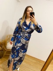 ORJİNAL MODEL MAVİ DESENLİ SATEN KRUVAZE ELBİSE