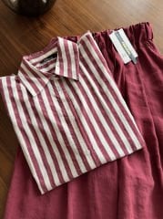 KETEN KARIŞIMLI BORDO ÇİZGİLİ GÖMLEK