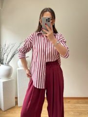 KETEN KARIŞIMLI BORDO ÇİZGİLİ GÖMLEK