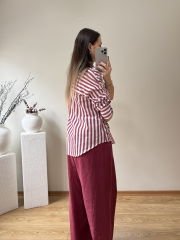 KETEN KARIŞIMLI BORDO ÇİZGİLİ GÖMLEK