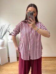 KETEN KARIŞIMLI BORDO ÇİZGİLİ GÖMLEK