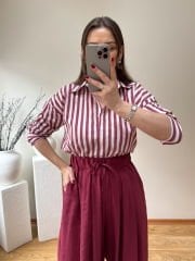 KETEN KARIŞIMLI BORDO ÇİZGİLİ GÖMLEK