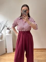KETEN KARIŞIMLI BORDO ÇİZGİLİ GÖMLEK