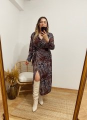 ORJİNAL MODEL KAHVE DESENLİ SATEN KRUVAZE ELBİSE