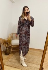 ORJİNAL MODEL KAHVE DESENLİ SATEN KRUVAZE ELBİSE