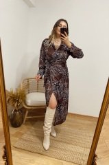 ORJİNAL MODEL KAHVE DESENLİ SATEN KRUVAZE ELBİSE