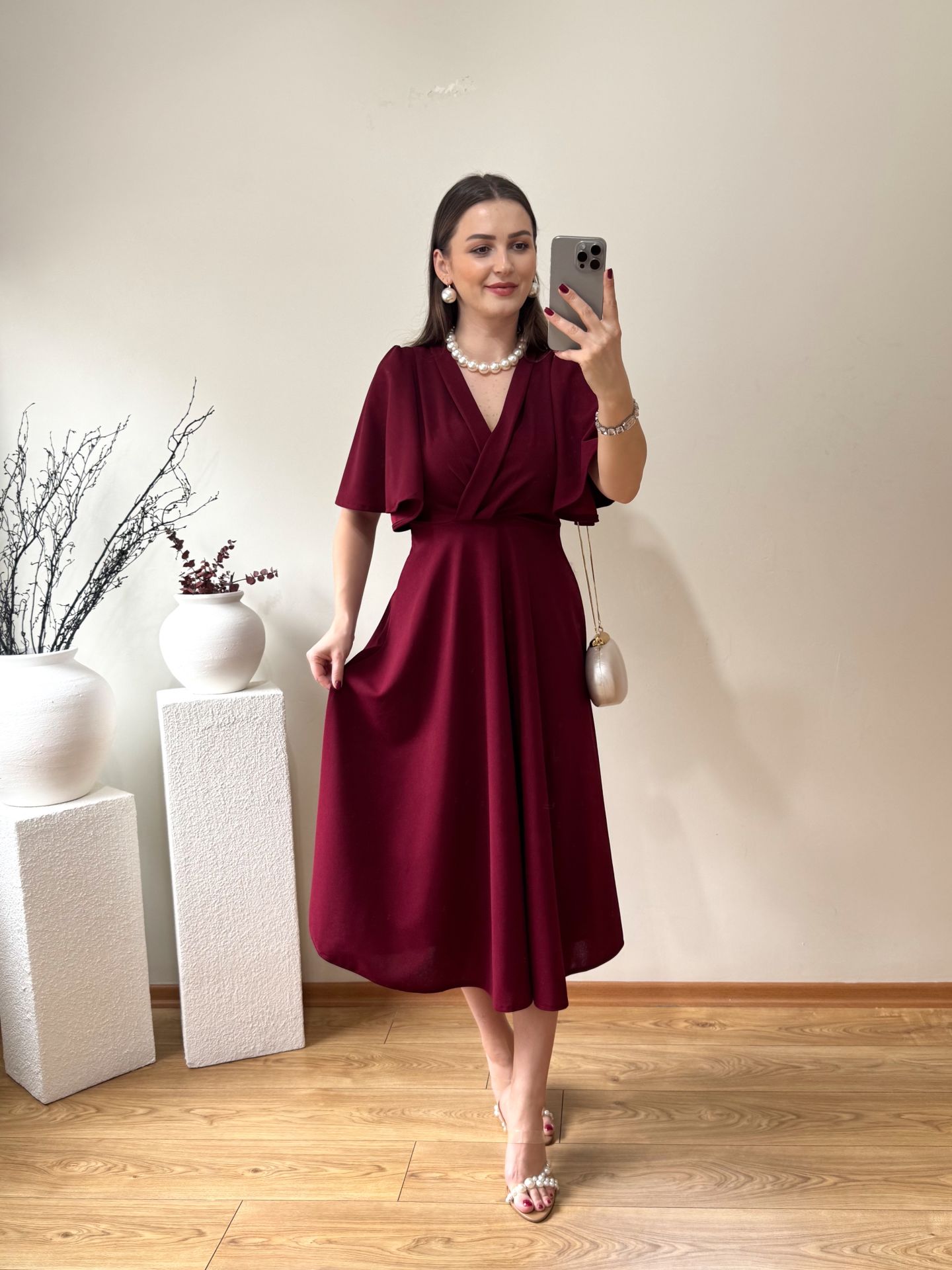 KOLLARI ÇAN V YAKA ELBİSE BORDO
