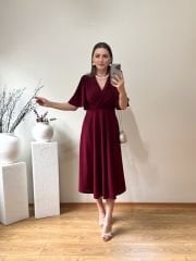 KOLLARI ÇAN V YAKA ELBİSE BORDO