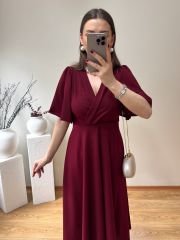 KOLLARI ÇAN V YAKA ELBİSE BORDO