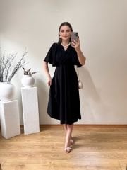 KOLLARI ÇAN V YAKA ELBİSE SİYAH
