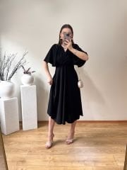 KOLLARI ÇAN V YAKA ELBİSE SİYAH