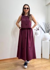 FİYONKLU TENSEL KUMAŞ BELİ LASTİKLİ ETEK BLUZ TAKIM BORDO