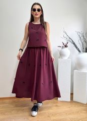 FİYONKLU TENSEL KUMAŞ BELİ LASTİKLİ ETEK BLUZ TAKIM BORDO