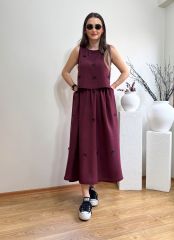 FİYONKLU TENSEL KUMAŞ BELİ LASTİKLİ ETEK BLUZ TAKIM BORDO