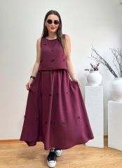 FİYONKLU TENSEL KUMAŞ BELİ LASTİKLİ ETEK BLUZ TAKIM BORDO
