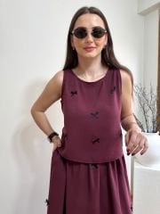 FİYONKLU TENSEL KUMAŞ BELİ LASTİKLİ ETEK BLUZ TAKIM BORDO