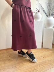 FİYONKLU TENSEL KUMAŞ BELİ LASTİKLİ ETEK BLUZ TAKIM BORDO