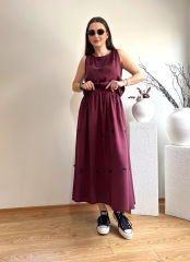 FİYONKLU TENSEL KUMAŞ BELİ LASTİKLİ ETEK BLUZ TAKIM BORDO