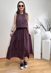 FİYONKLU TENSEL KUMAŞ BELİ LASTİKLİ ETEK BLUZ TAKIM MÜRDÜM