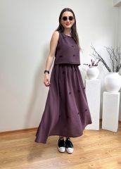 FİYONKLU TENSEL KUMAŞ BELİ LASTİKLİ ETEK BLUZ TAKIM MÜRDÜM