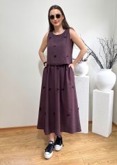FİYONKLU TENSEL KUMAŞ BELİ LASTİKLİ ETEK BLUZ TAKIM MÜRDÜM