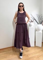 FİYONKLU TENSEL KUMAŞ BELİ LASTİKLİ ETEK BLUZ TAKIM MÜRDÜM