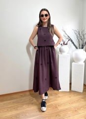FİYONKLU TENSEL KUMAŞ BELİ LASTİKLİ ETEK BLUZ TAKIM MÜRDÜM