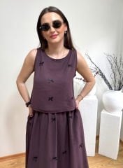 FİYONKLU TENSEL KUMAŞ BELİ LASTİKLİ ETEK BLUZ TAKIM MÜRDÜM